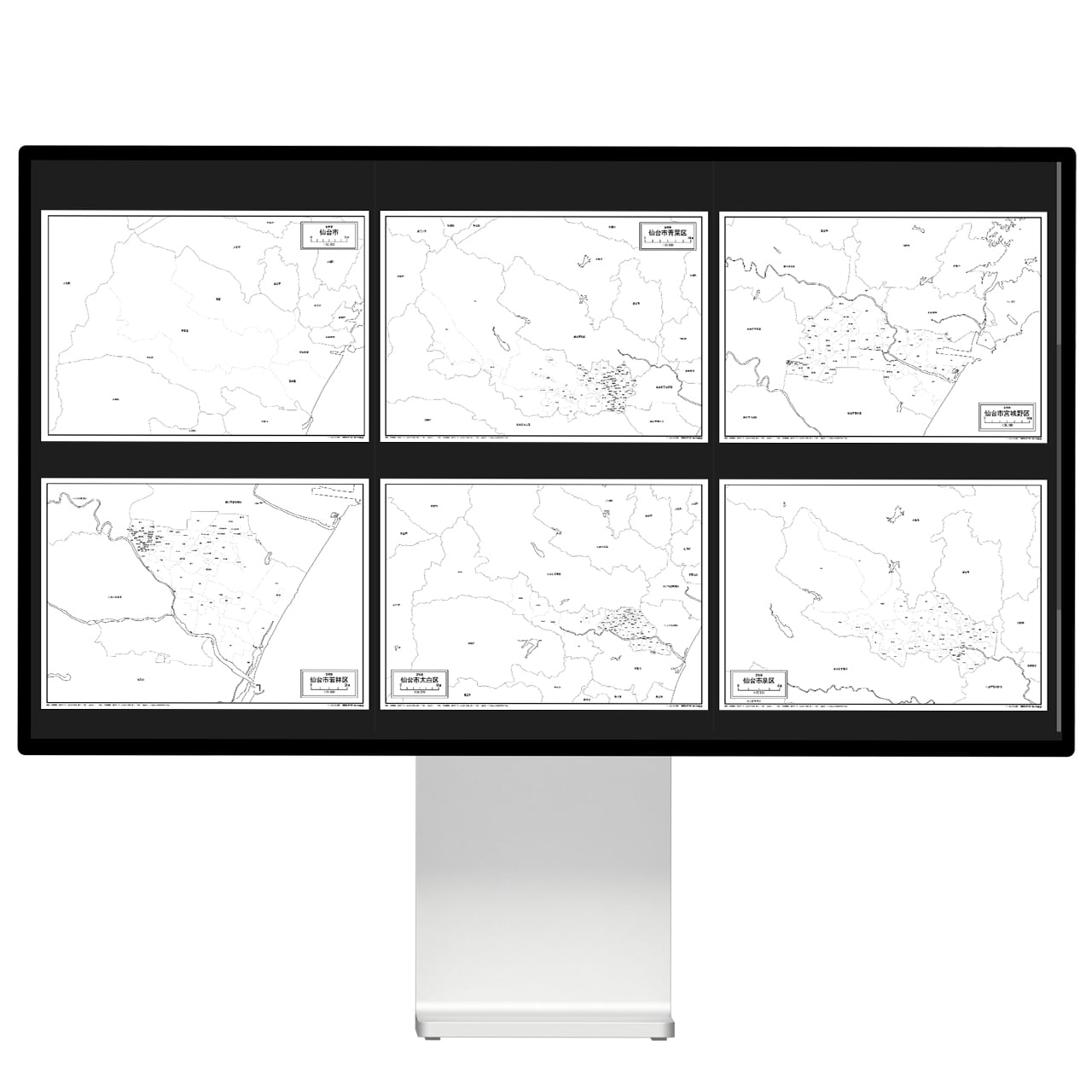 宮城県仙台市と5区セット：町名も記載の地図データ（PDF・Aiファイル