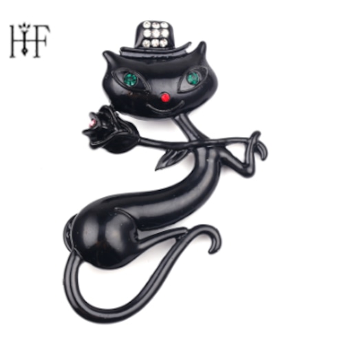 【A00138】かわいい黒ローズ猫ブローチピン