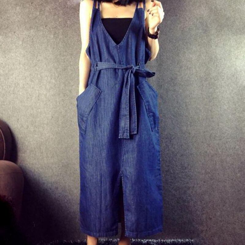 Vネック ウエストリボン デニム ロング ワンピース