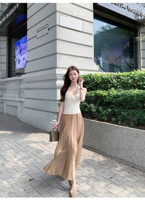 Glossy Material Pleated Flare Long Skirt【H00072】