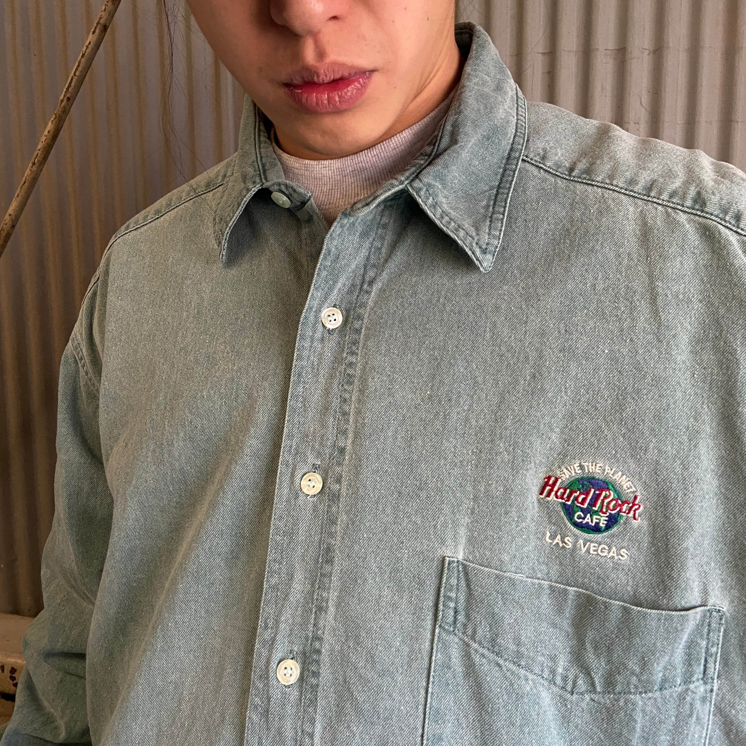 90年代 ハードロックカフェ 企業ロゴ刺繍 カラーデニムシャツ メンズL