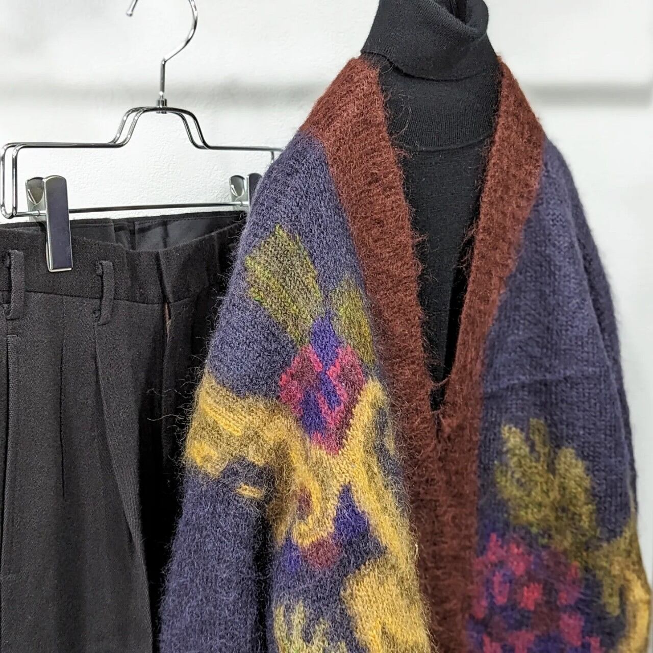 モヘアカーディガン 古着 ネイビー ブラウン 総柄 PA4 | Pickle 