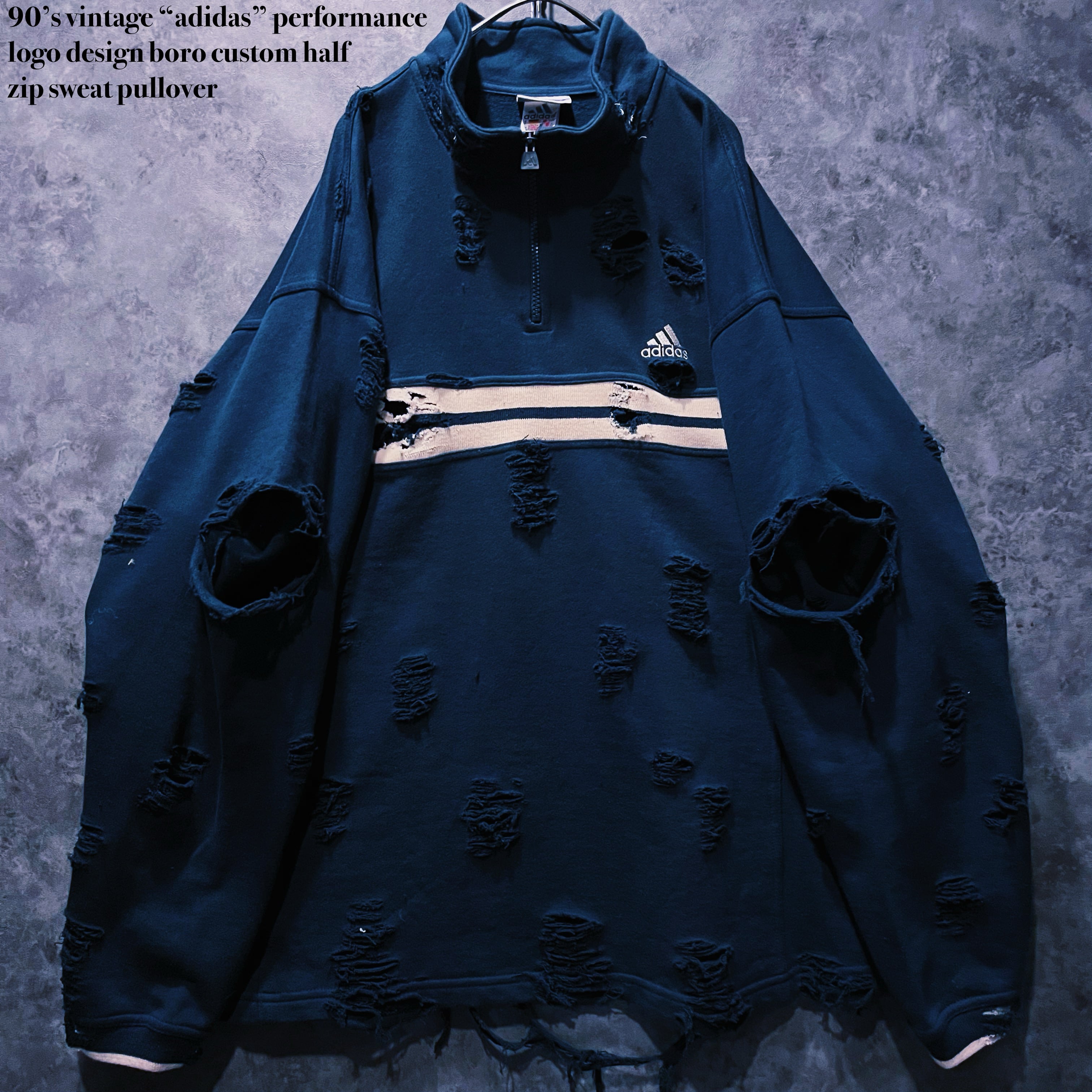 【doppio】90’s vintage “adidas” performance logo design boro custom half zip sweat pullover