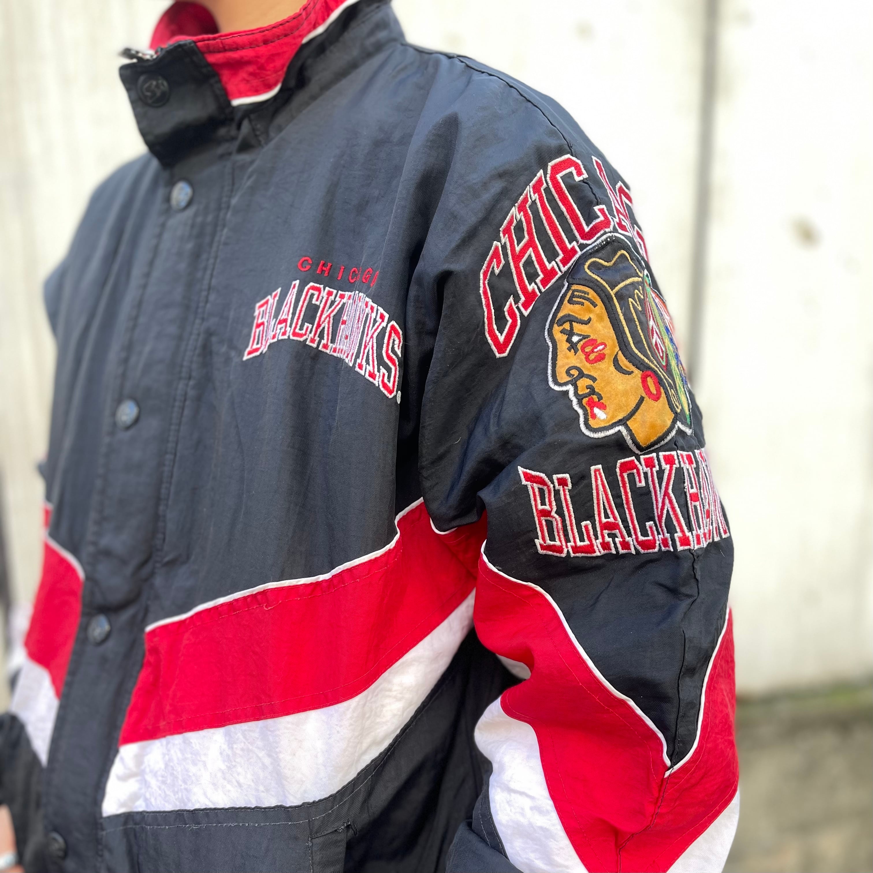 size：S【 STARTER 】BLACKHAWKS スターター ブラックホークス NHL 中綿ナイロンジャケット ナイロンジャケット フルジップ  黒 赤 白 古着 古着屋 高円寺 ビンテージ