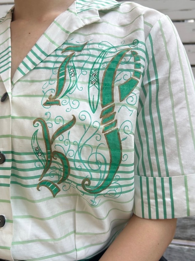 50's mint green monogram strip blouse