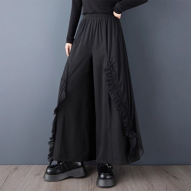 BLACK ELASTIC WAIST WIDE LEG DESIGN PANTS 1color M-15190