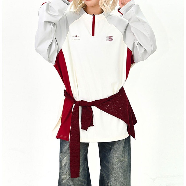 ラインスリーブハーフジップトップス
 2col   R01609