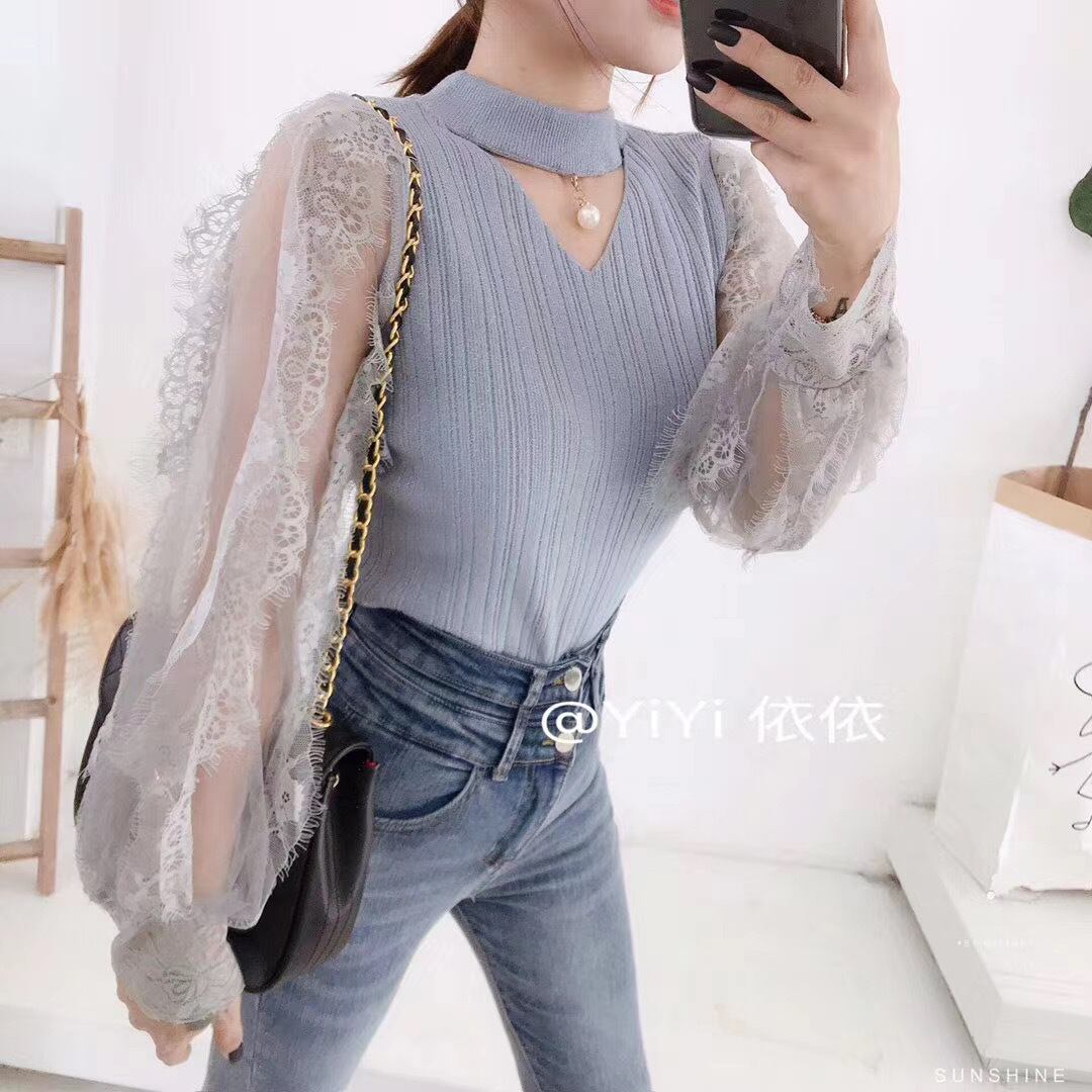 チュール袖Vネックニット
