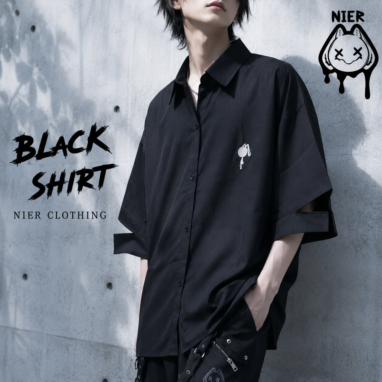 刺繍入りSLIT SLEEVE BLACK SHIRT | NIER CLOTHING