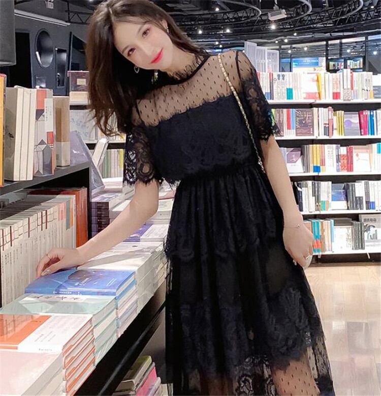 夏 新作 大人気 中・長セクション 半袖 レース ワンピース ハイウエスト