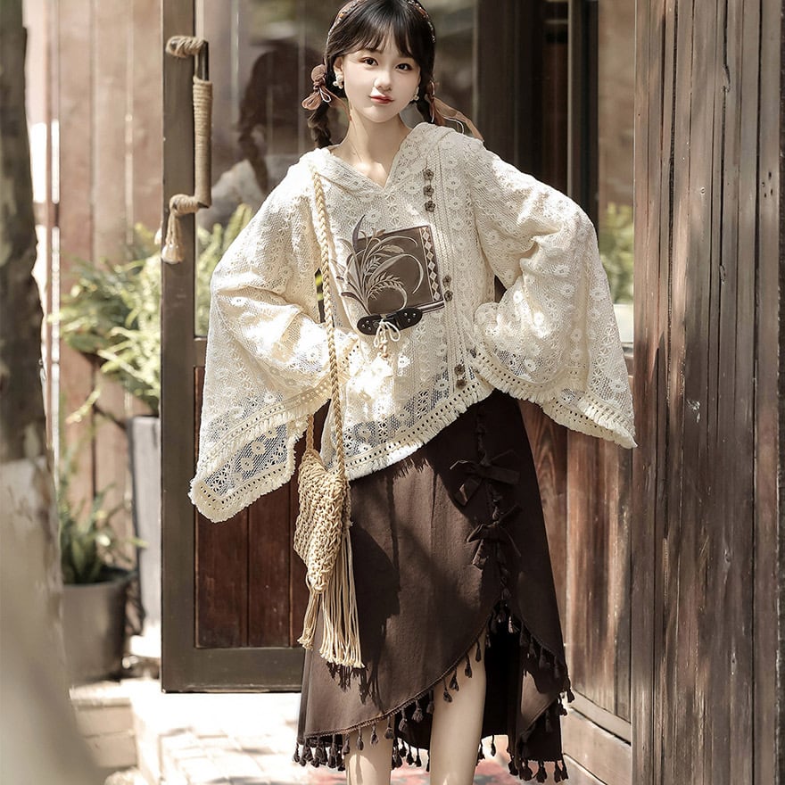 ゴスロリ通販 With U 中華ロリータ セットアップ トップス スカート レース フード付き タッセル アシンメトリー レトロ ダークファッション 原宿ファッション ゴスロリ服