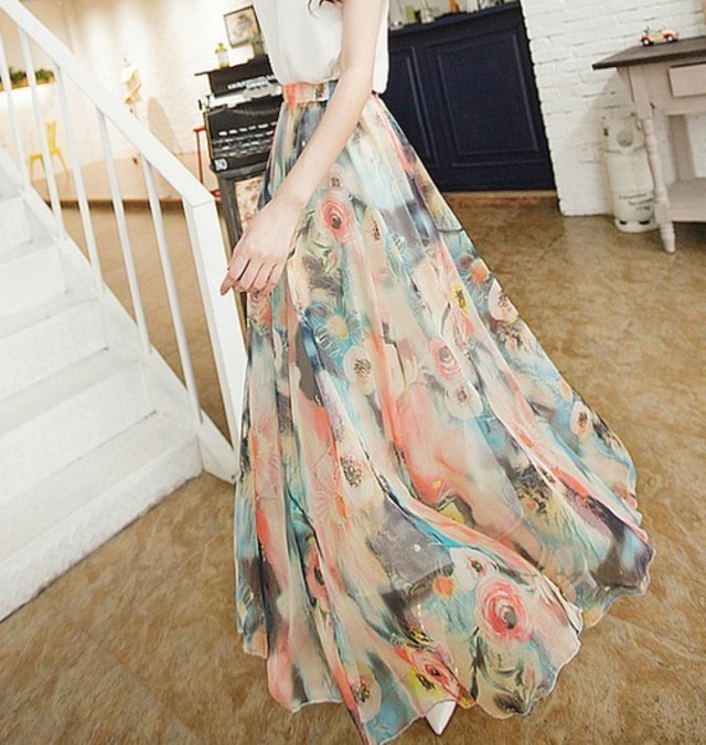 ★送料無料★9号（M)☆花柄プリントシフォンフレア－スカ－ト [SKN9512]