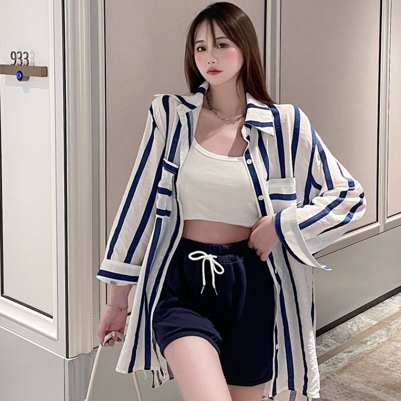 サマースタイルストライプポケットシャツ ハイウェストウェストカジュアルショーツ レディース ロング 夏物 ブルマー ステッチ YY-ファッション15153435221