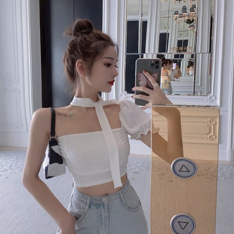 ハンギングネックスリングレディースサマー注意マシンボトミングシャツオフショルダーベスト2020新しいインナーとアウターウェアショートトップ ブラックストロベリース12482634941