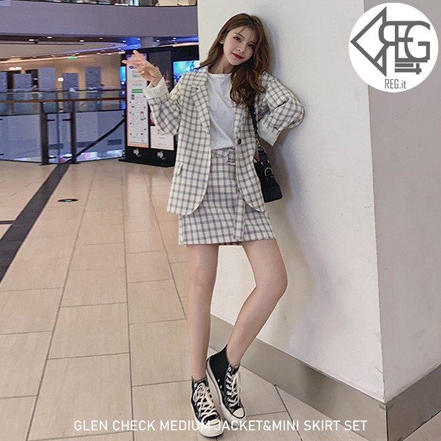 【REGIT】GLEN CHECK MEDIUM JACKET&MINI SKIRT SET 韓国ファッション セットアップ セットコーデ ジャケット ミニスカート 着回し 着映え 10代 20代 30代 プチプラ グレンチェック ホワイト 春