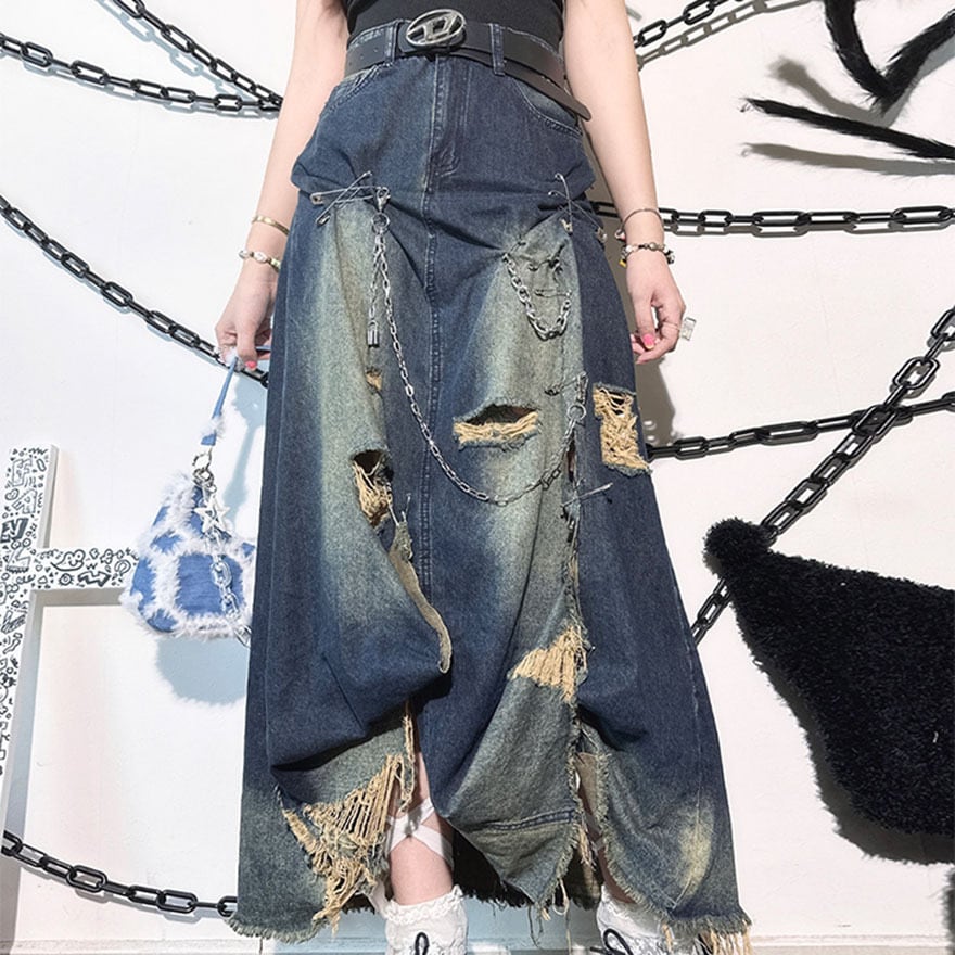 SEASONZ パンク デニムスカート ロングスカート ダメージ加工 原宿