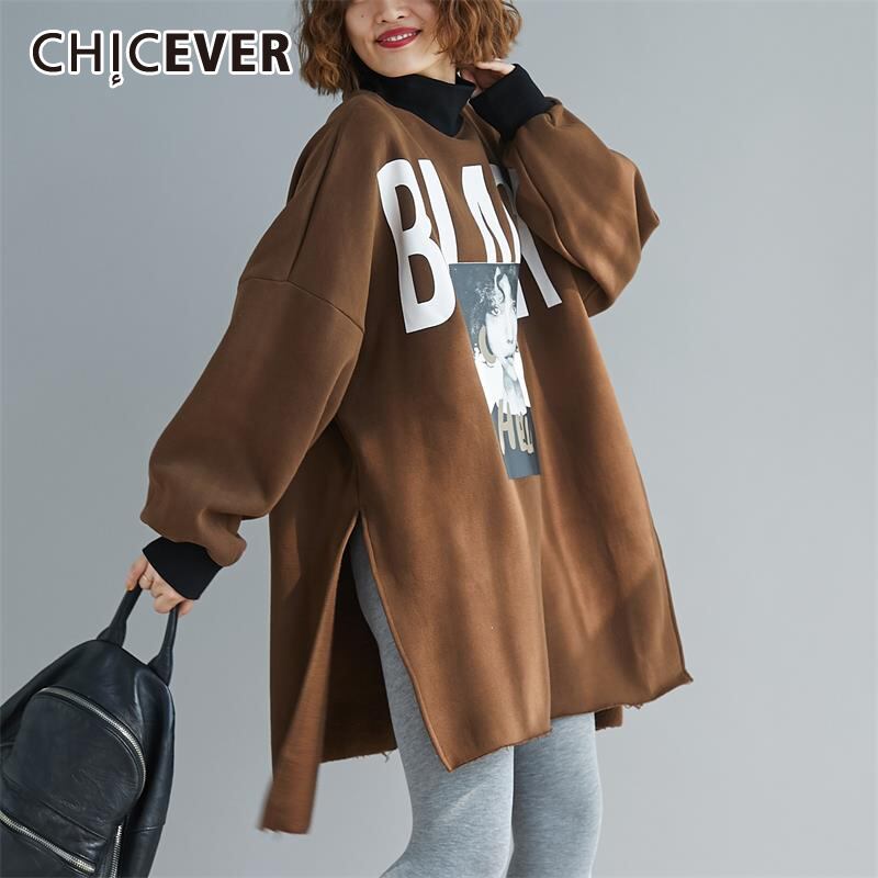 CHICEVER特大スウェットシャツ女性タートルネック長袖プリントヒットカラーコットンスプリットルーススウェットシャツ2020スタイル ロング 6base51210761578