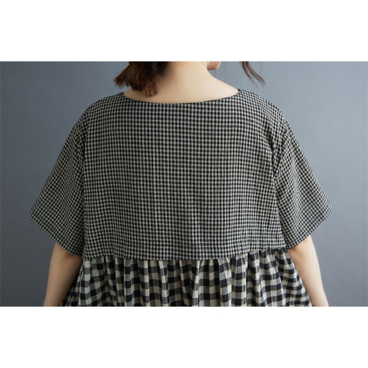 切り替えチェック柄 マキシ丈 ワンピース  30135