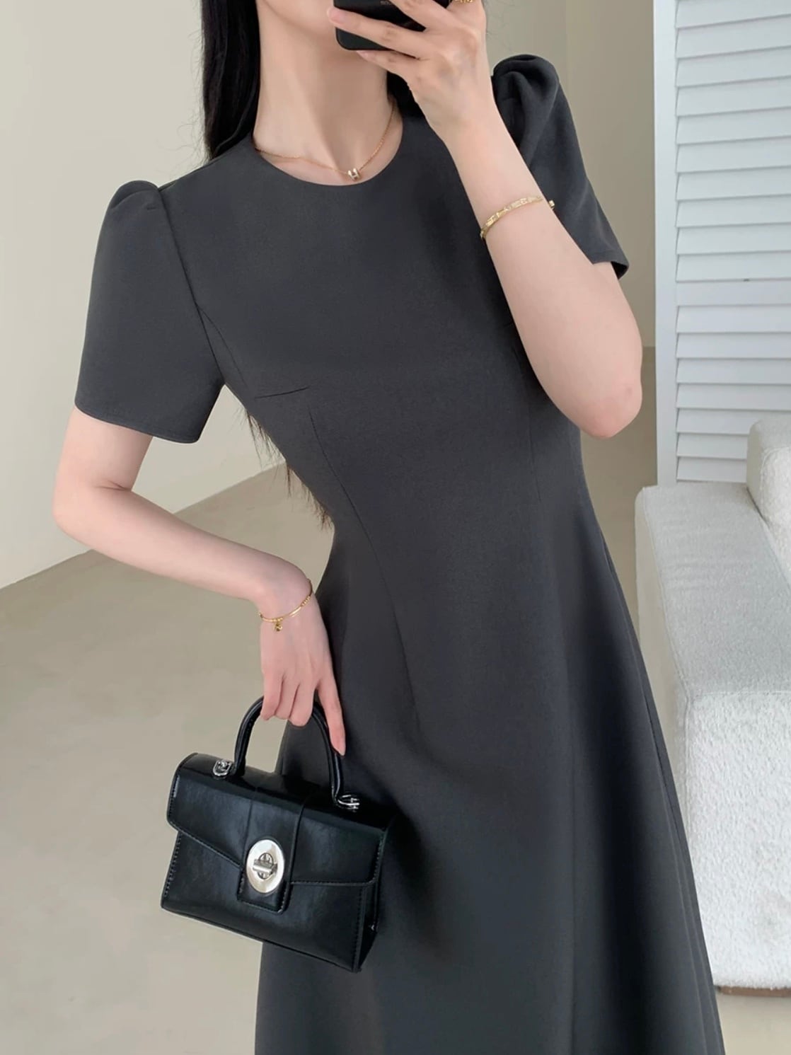 puff sleeve flare long dress.3156