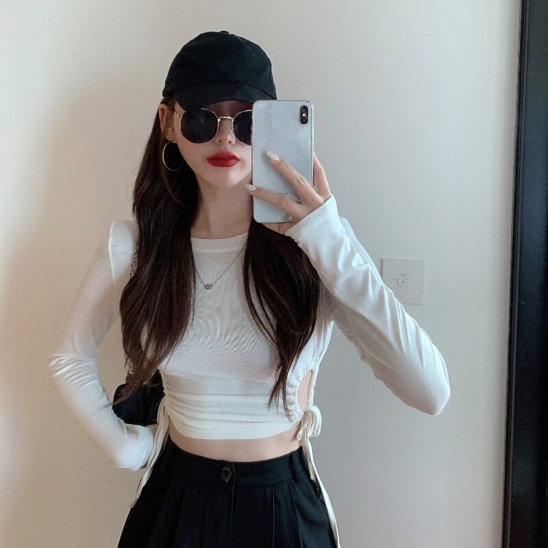 ホワイトホロウイレギュラーTシャツレディースオータムケアリーネーブルロングスリーブベースシャツ2020ショートトップ ブラックストロベリース63800545118