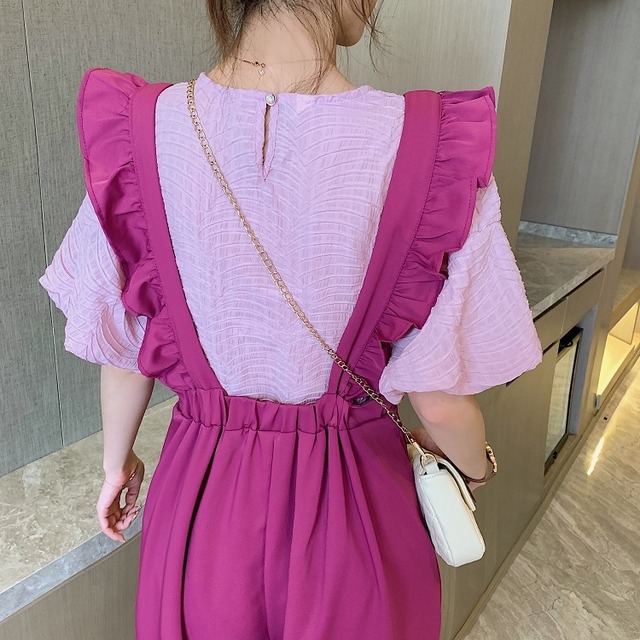 送料無料 2色 バルーン袖ブラウス フリルサロペット セットアップ 2点セット 2set セットアイテム トップス レディース ブラウス プルオーバー 半袖 バルーンスリーブ 盛り袖 ボリューム袖 サロペット パンツ ジャンプスーツ オーバーオール オールインワン ロング