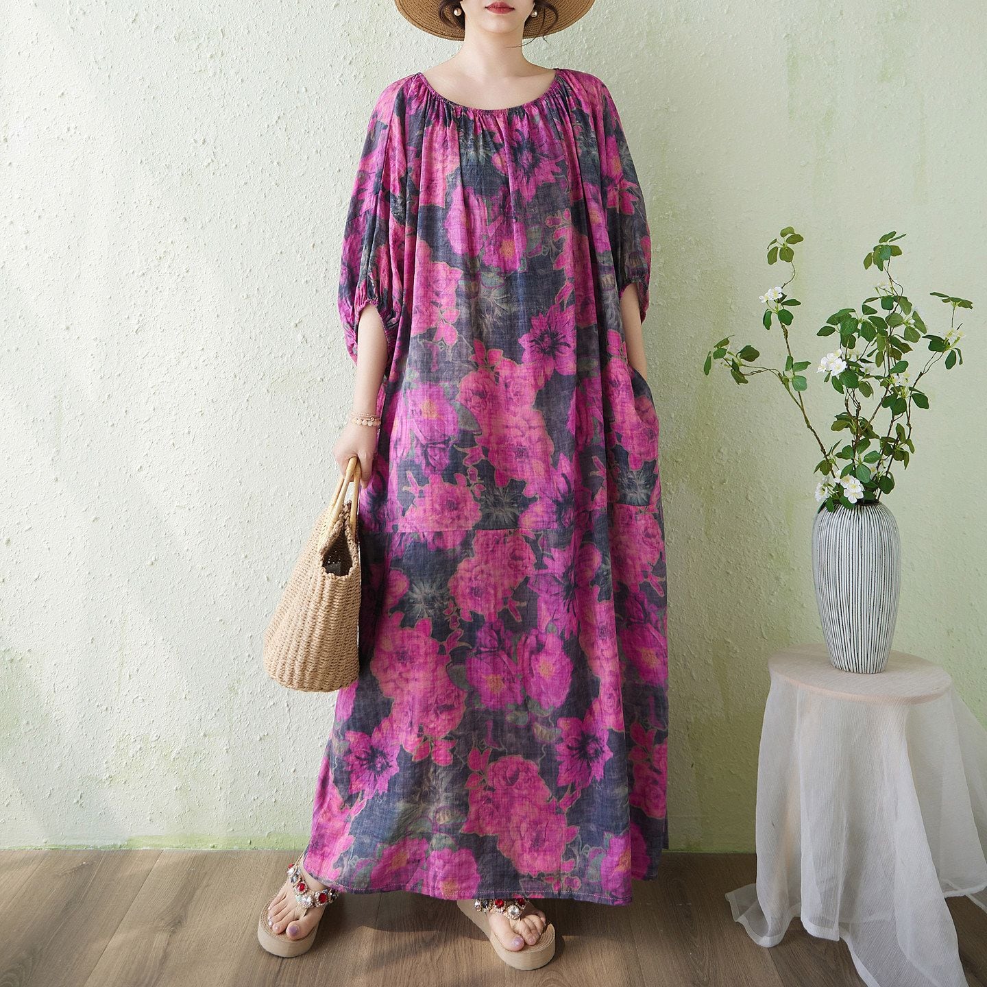 RELAXED LINEN PRINT LOOSE MIDI DRESS M-17660