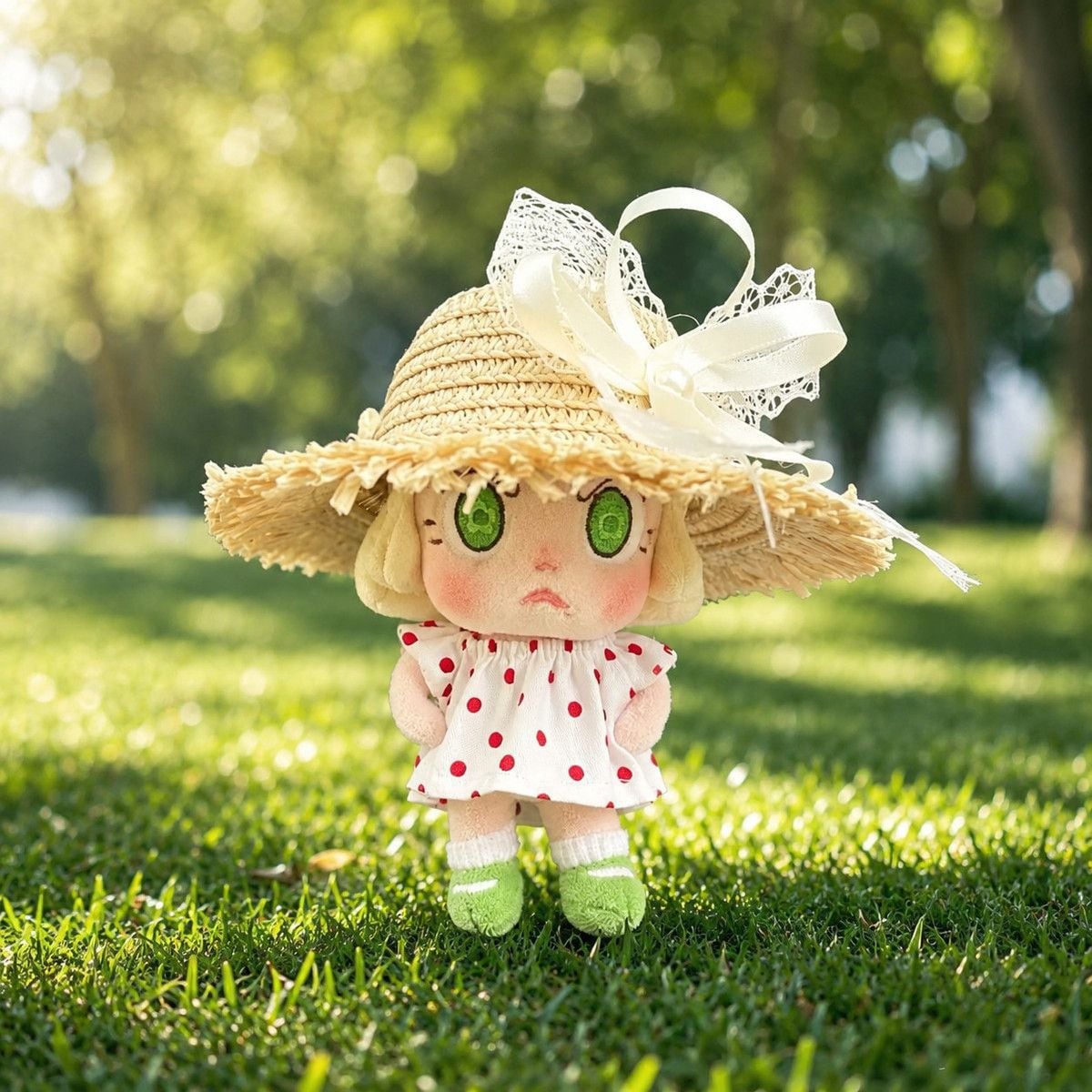 angrymolly用 ドット柄ワンピース+レースリボン麦わら帽子 ぬいぐるみ
