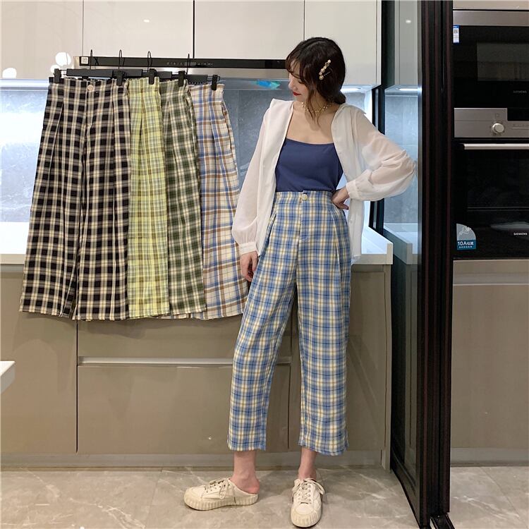 パンツレディース2020年夏新バージョンルーズとシンストレート9ポイントパンツオールマッチハイウエストチェック柄カジュアルパンツトレンド 1号婦人47626460264