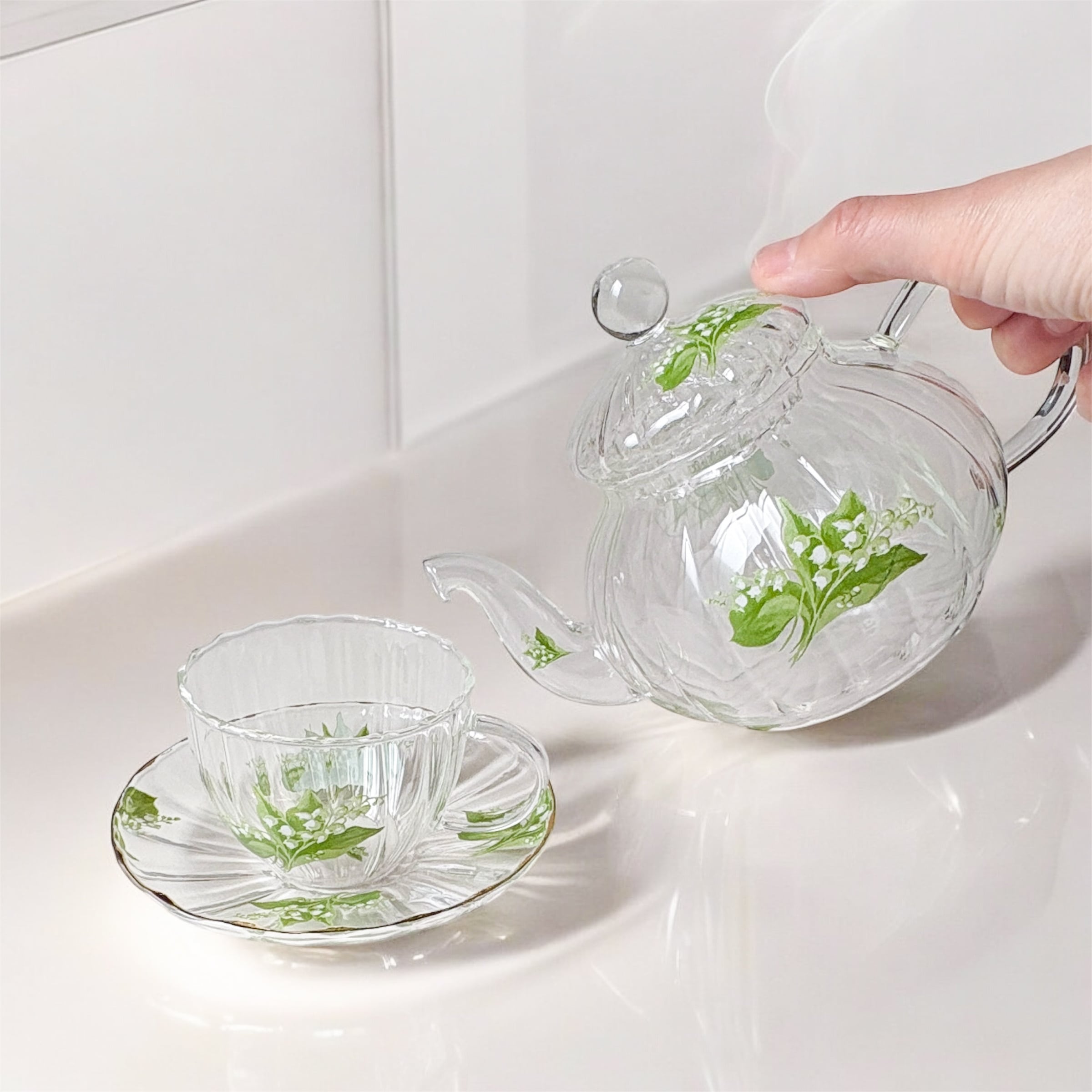 ギフト】鈴蘭のガラスティーポット＆カップソーサーセット 紅茶 お茶