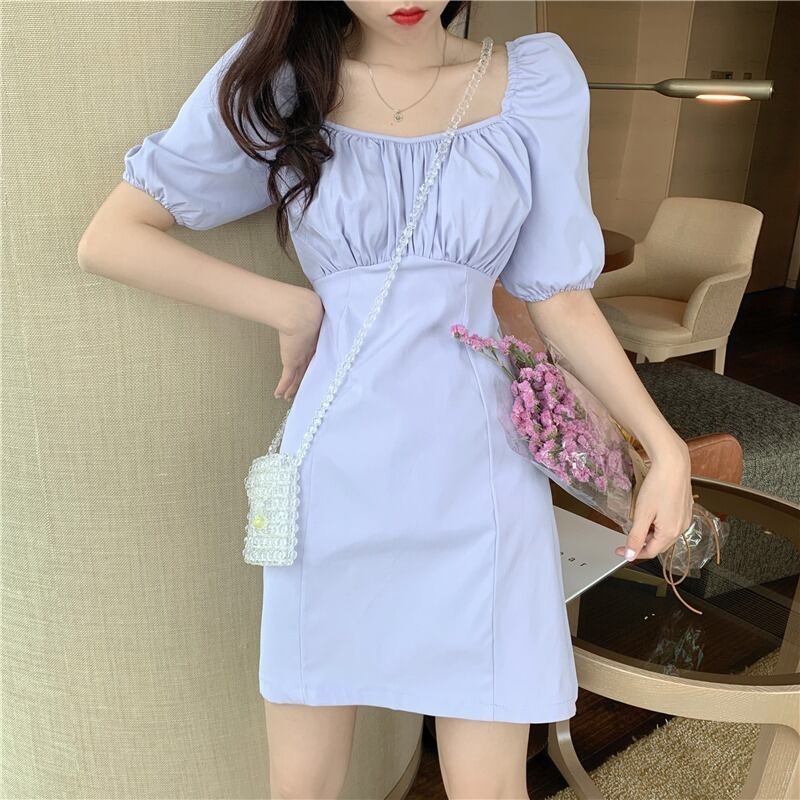 オータムサマースタンダードスリーブプリーツハイウェストウェストAラインドレス ショートスカート レトロ 夏物 秋物 スクウェア ハンチェンe37591902046