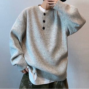 ヘンリーカラーボタンラウンドネックニット　1037