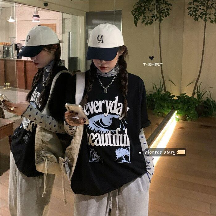 ブラックTシャツ シャツ サマールーズトップス コットン 夏物 モンロー21147929312