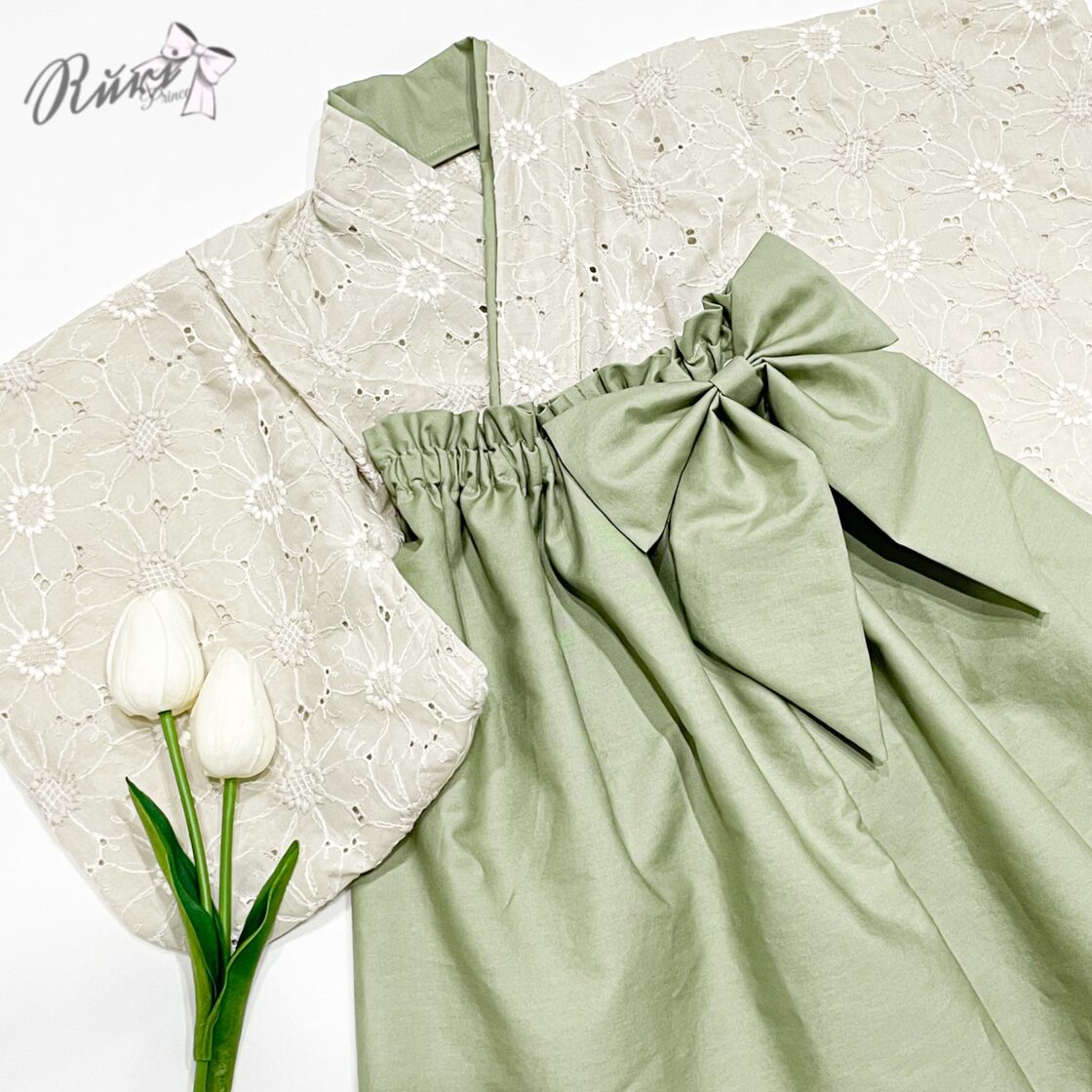 名入れ ベビー袴 ベージュ×抹茶 マーガレットレース 70-100 | Pay ID 