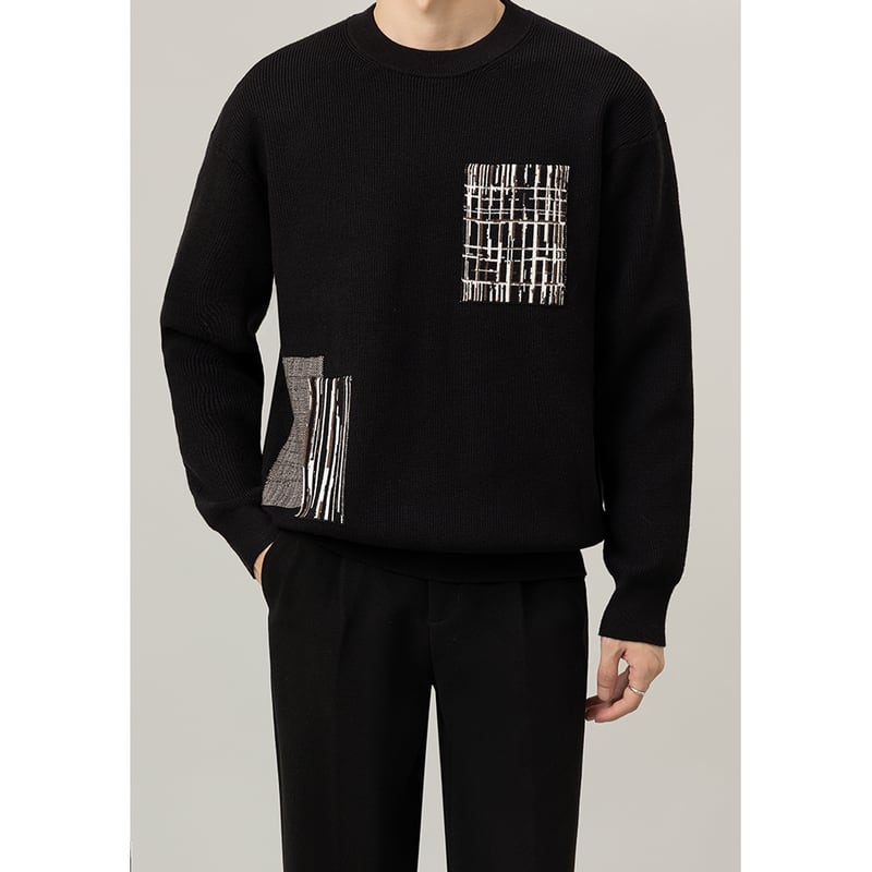 patchwork knit sweater oversized crew neck mr0095