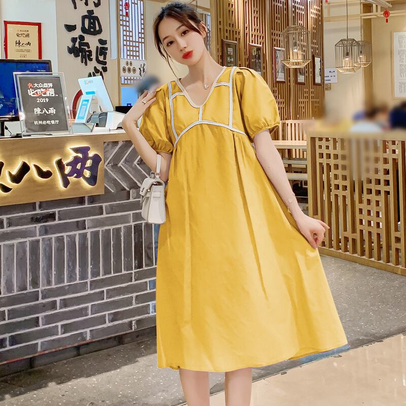 【新作】【送料無料】 マタニティウェア2020夏の新しい綿とリネンのステッチVネックルーズドレス小さな新鮮なミドル丈のマタニティドレス-アリババ コットン サマー 夏物 expec274256691312