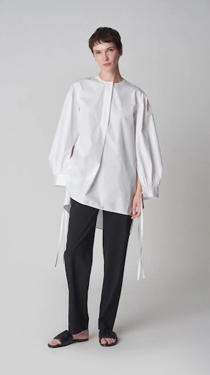 CO -Collarless Tunic Shirt in Cotton Poplin- : WHITE,