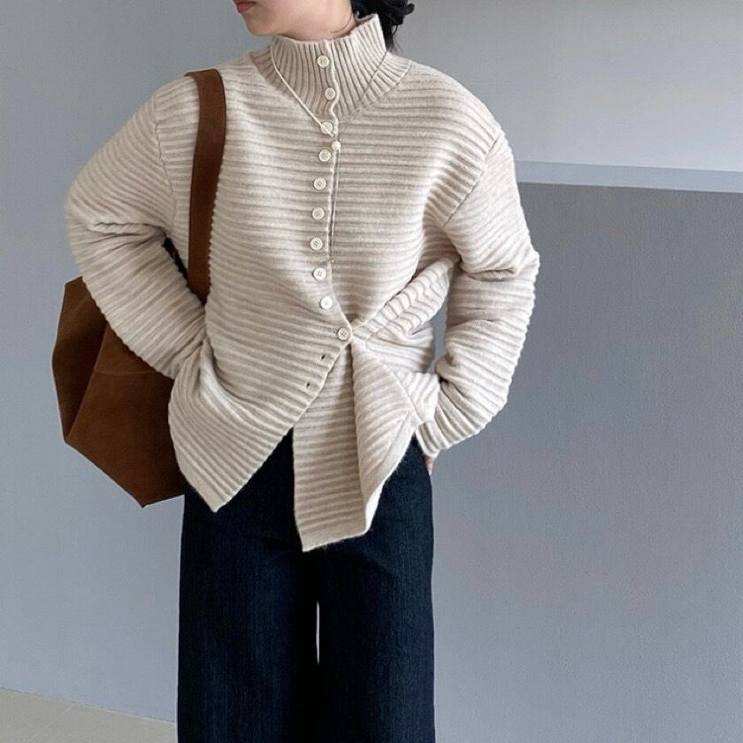 high neck side button stripe cardigan m0047