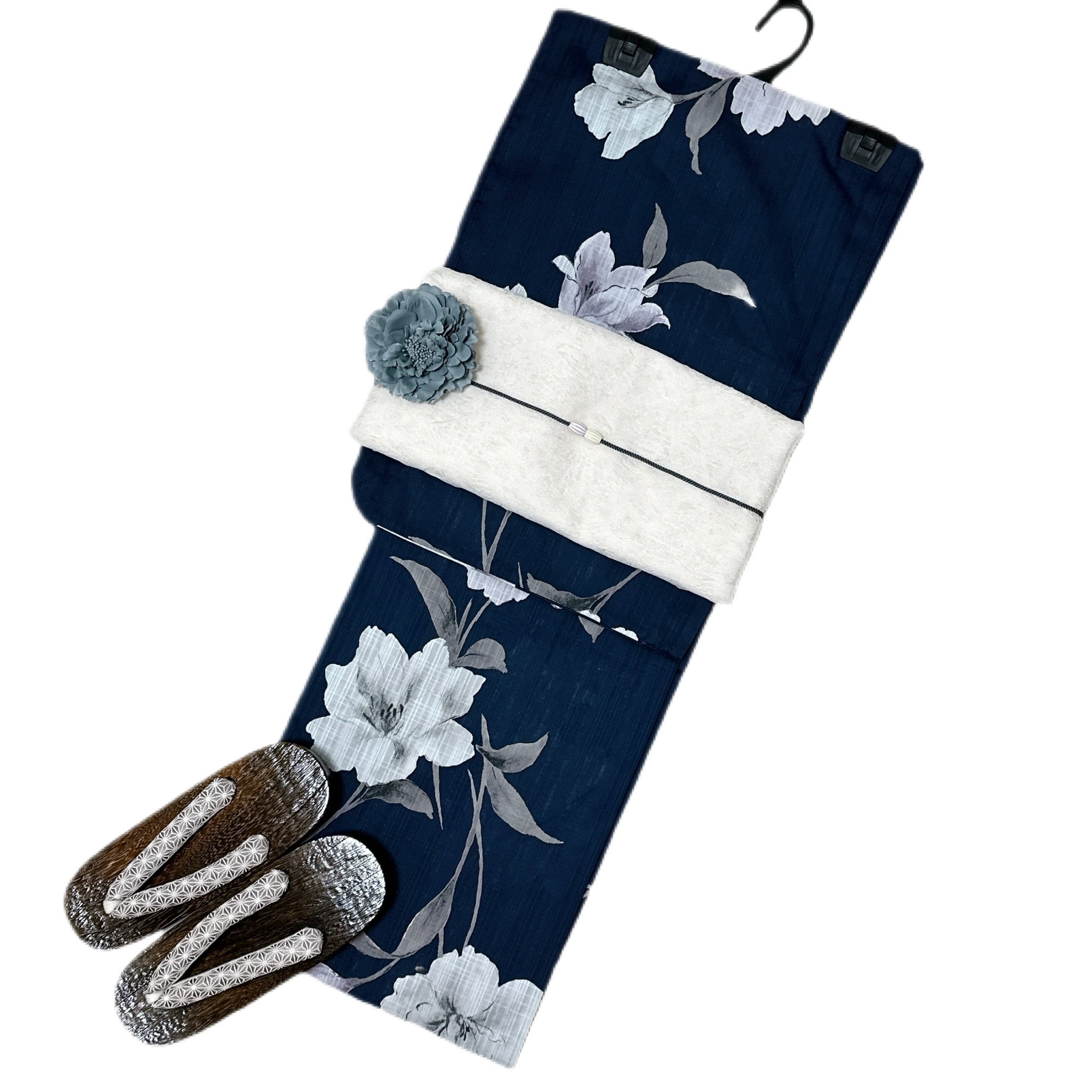 浴衣ジェンヌ 浴衣5点セット 紺地にぼかしのピオニーなど 浴衣 兵児帯