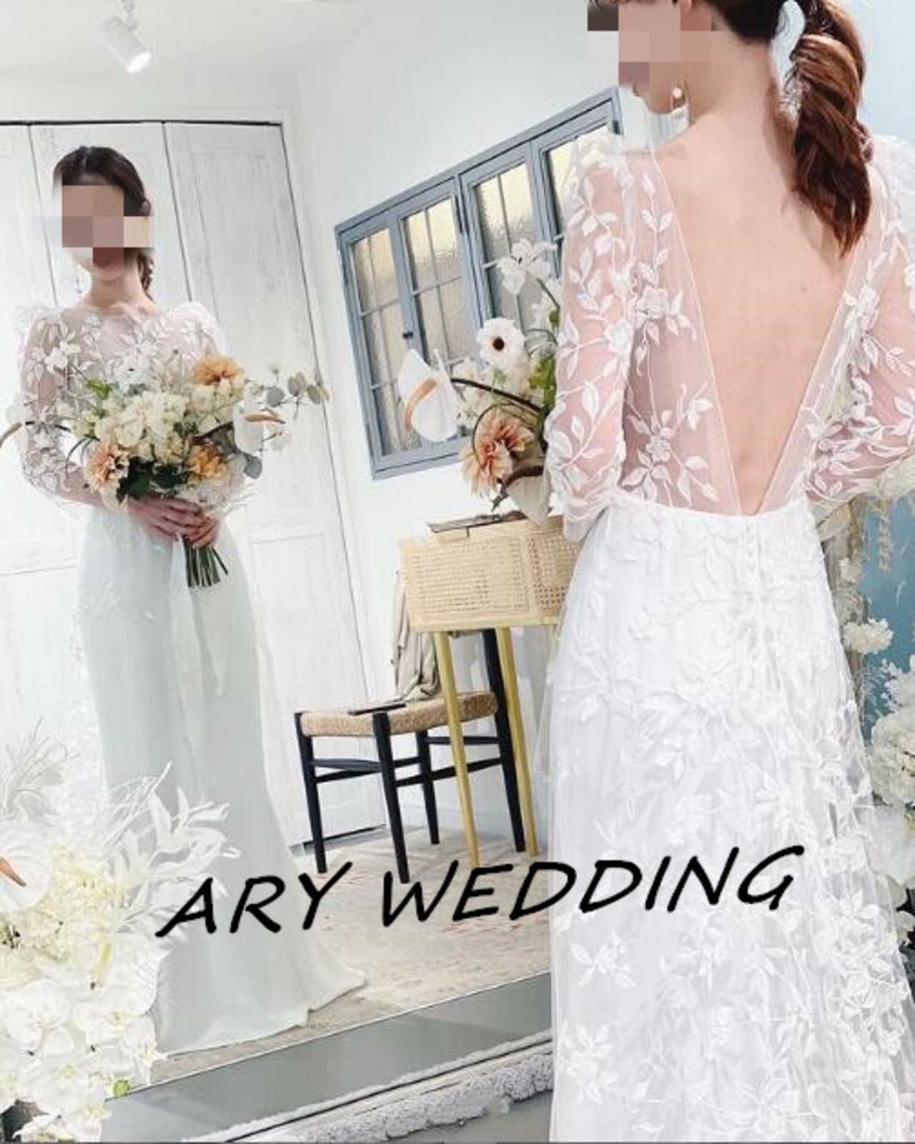 フランス風 前撮り長袖 背中見せ リーフ刺繍 ウエディングドレス  