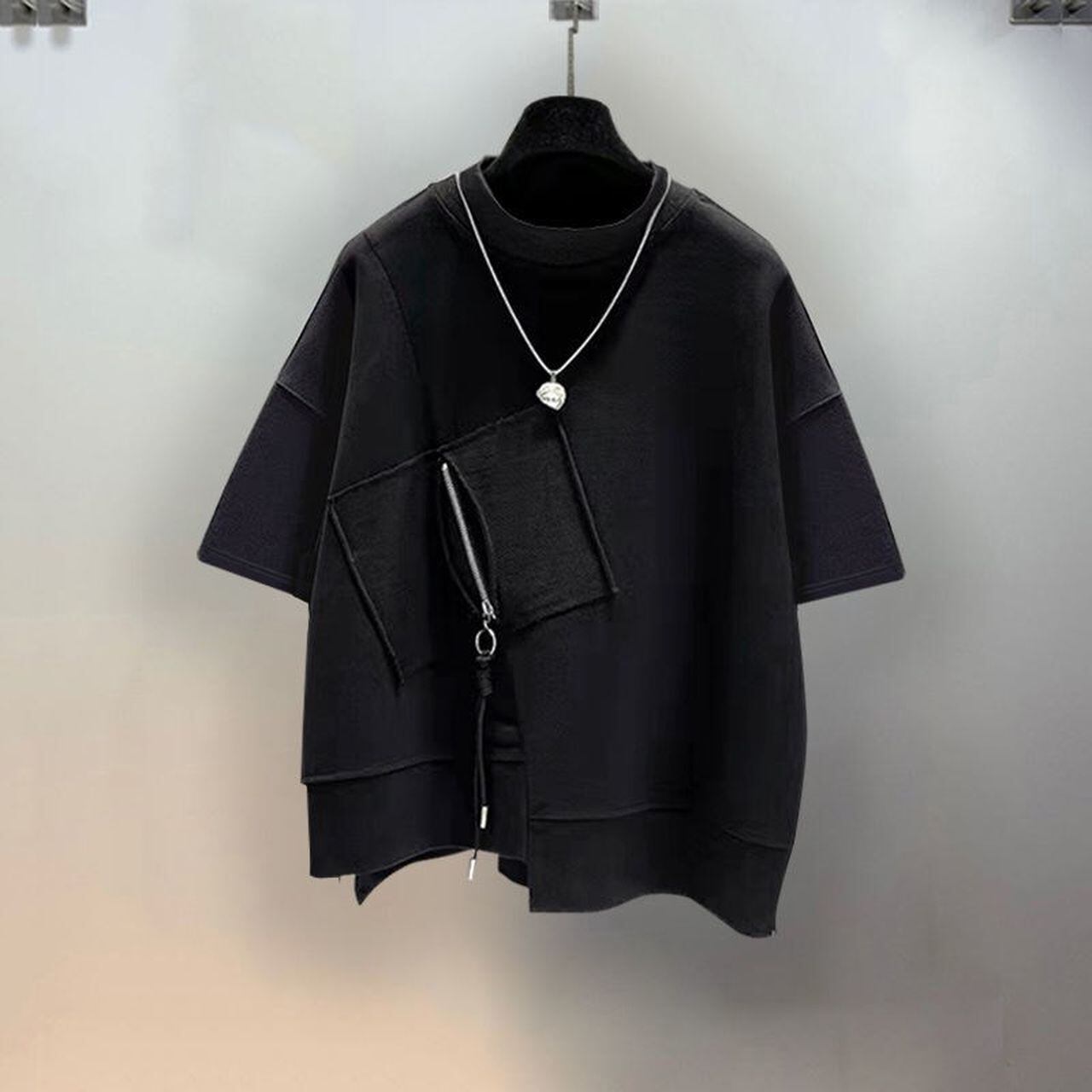 Zipper and patchwork short-sleeve T-shirt(MT1587)