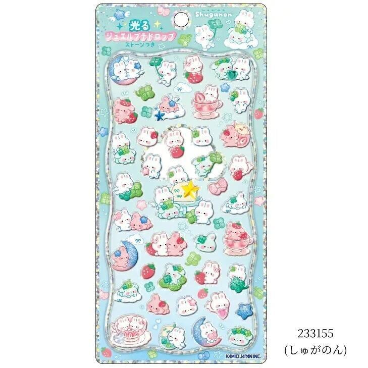 光るジュエルプチドロップステッカー しゅがのん カミオジャパン ストーン付き 平成ファンシー 3D ぷっくりシール 立体シール 蓄光シール