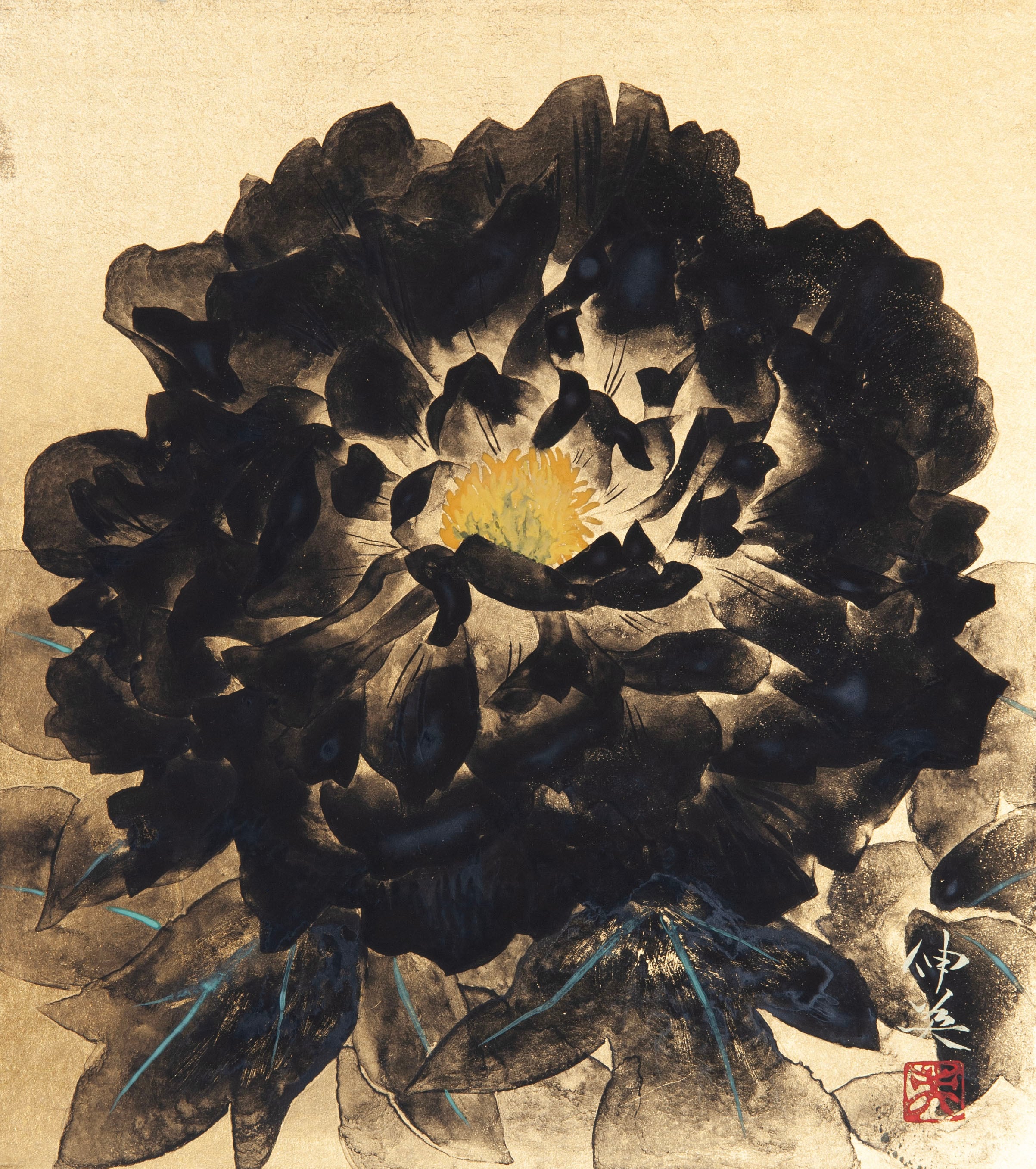 黒牡丹（色紙）Black Peony | 牧野伸英の日本画ショップ -Nobuhide