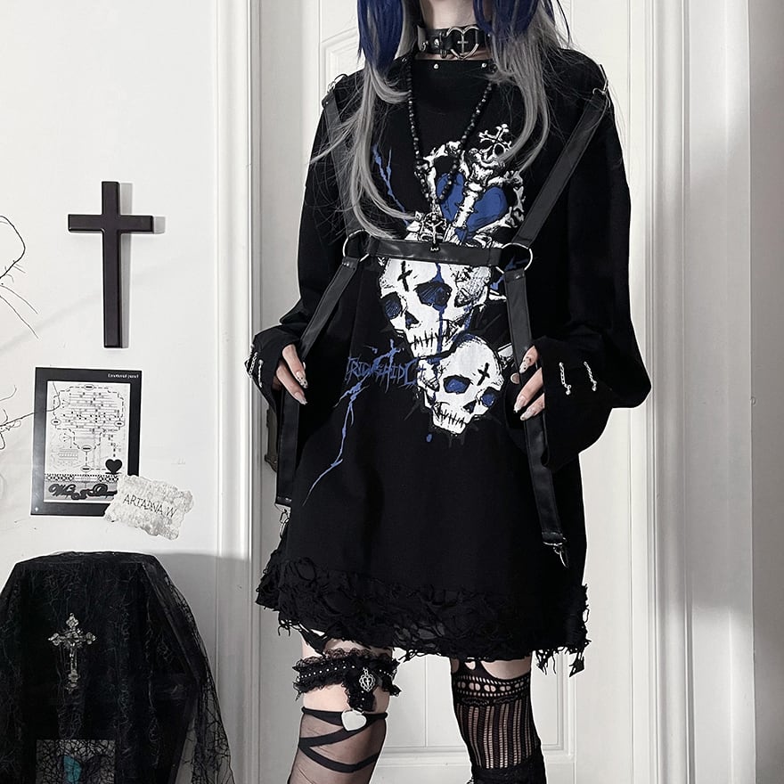 パンク 推し活 ライブ 長袖 Tシャツ スカル プリント Y2Kファッション