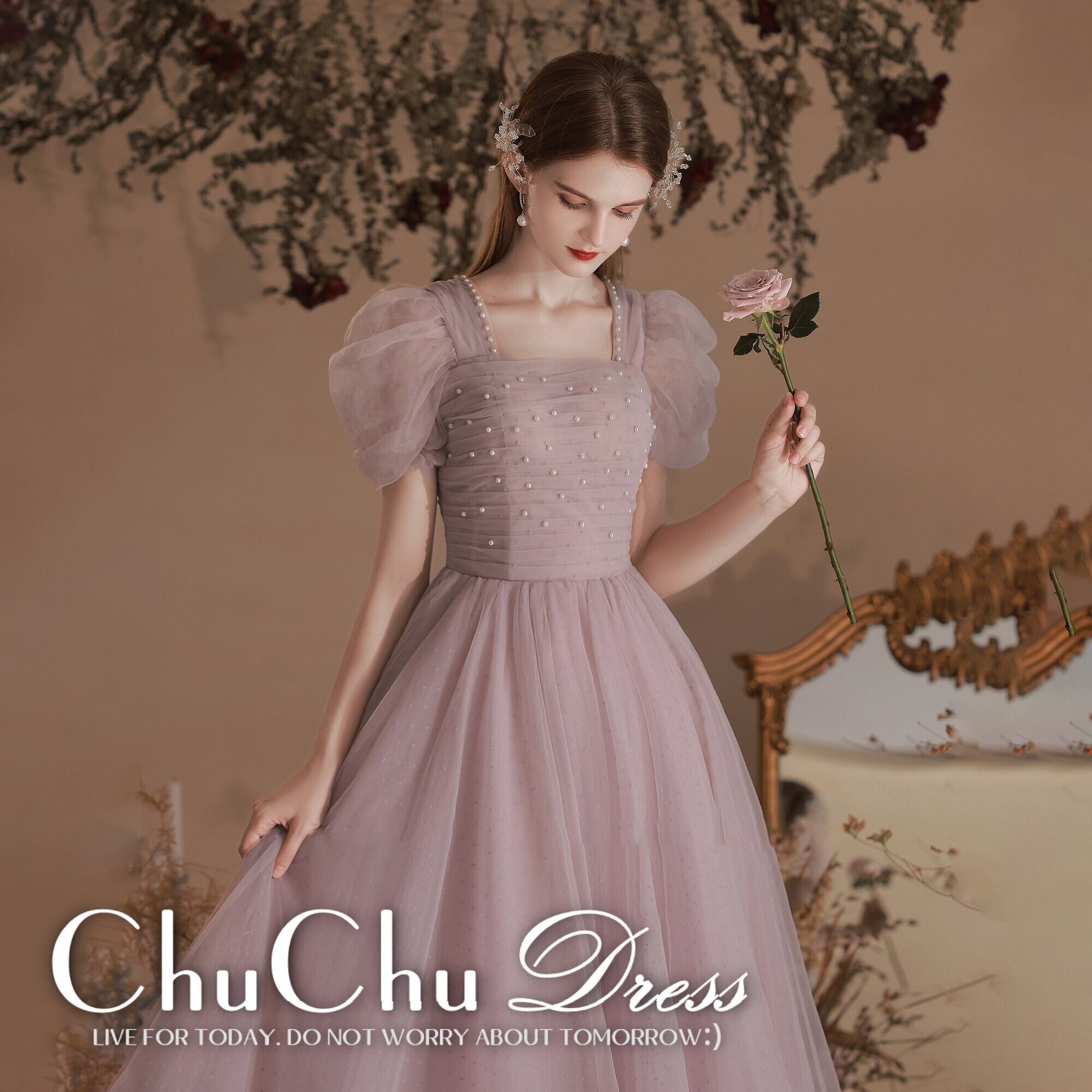 ミントグリーンのエレガントな花柄レースパーティードレス JY076