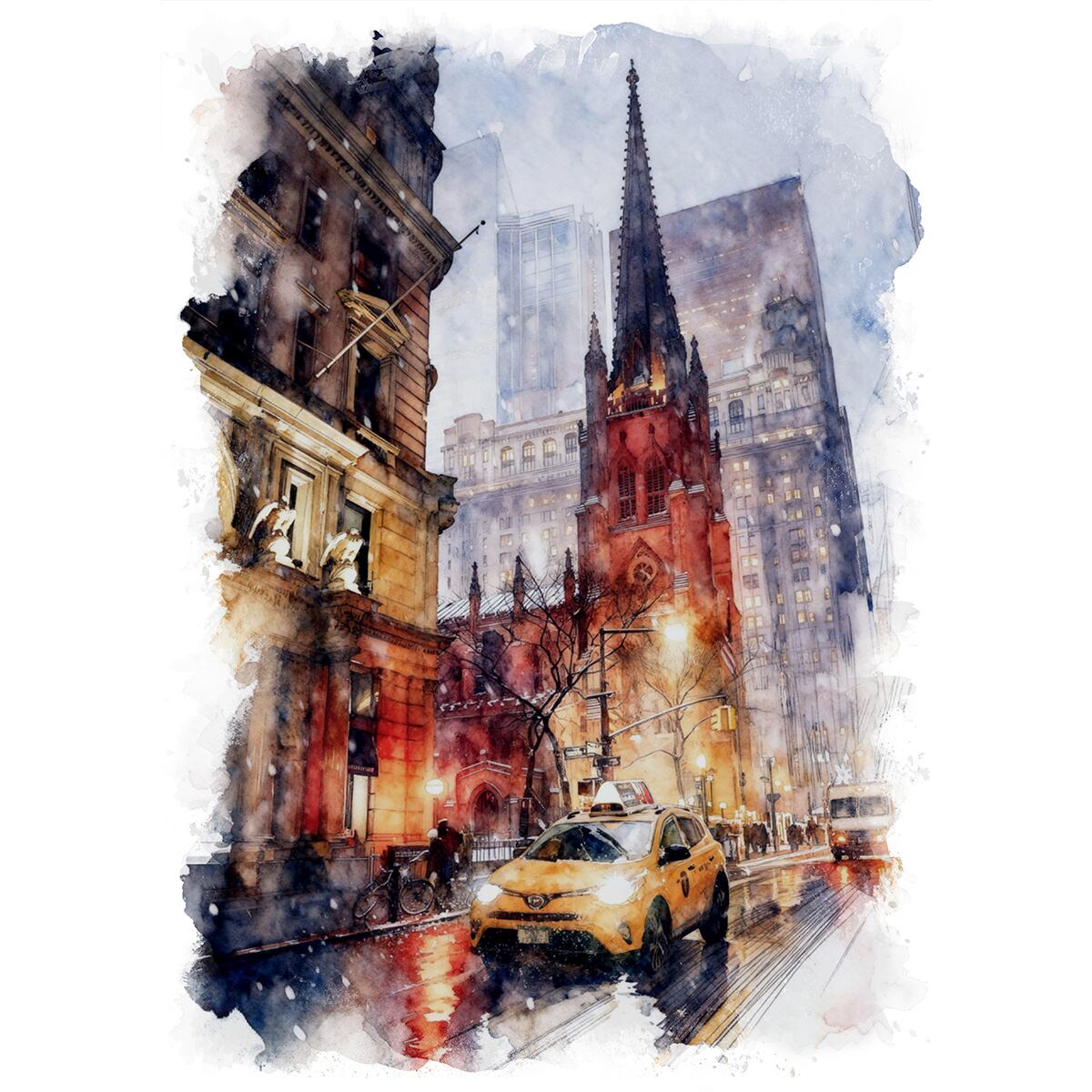 絵画 風景画(街並み) 冬 アメリカ ニューヨーク 雪が降るトリニティ教会 インテリアアート額付き 水彩画・油絵風 WAT0871