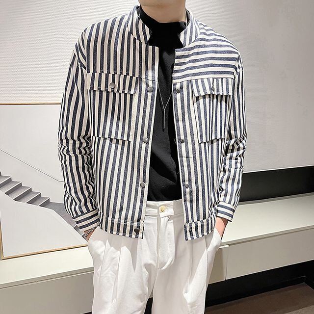 未使用　45R シャツジャケット　ストライプ柄 ストライプ シャツ ゆとりのあるストライプ柄シャツジャケット メンズ