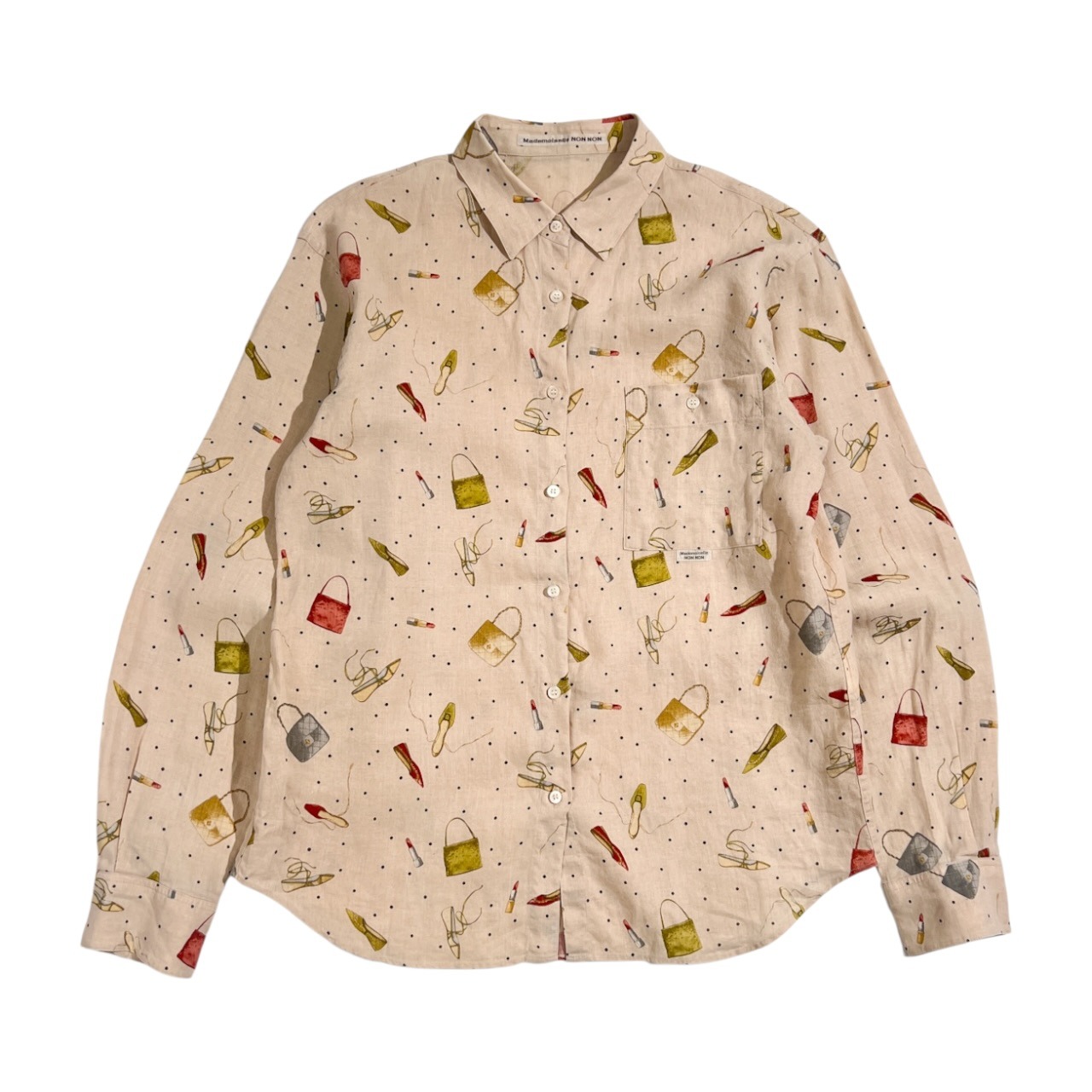リネン100% Mademoiselle NON NON マドモアゼルノンノン ファッション 総柄 長袖 シャツ L/ベージュ系 レディース