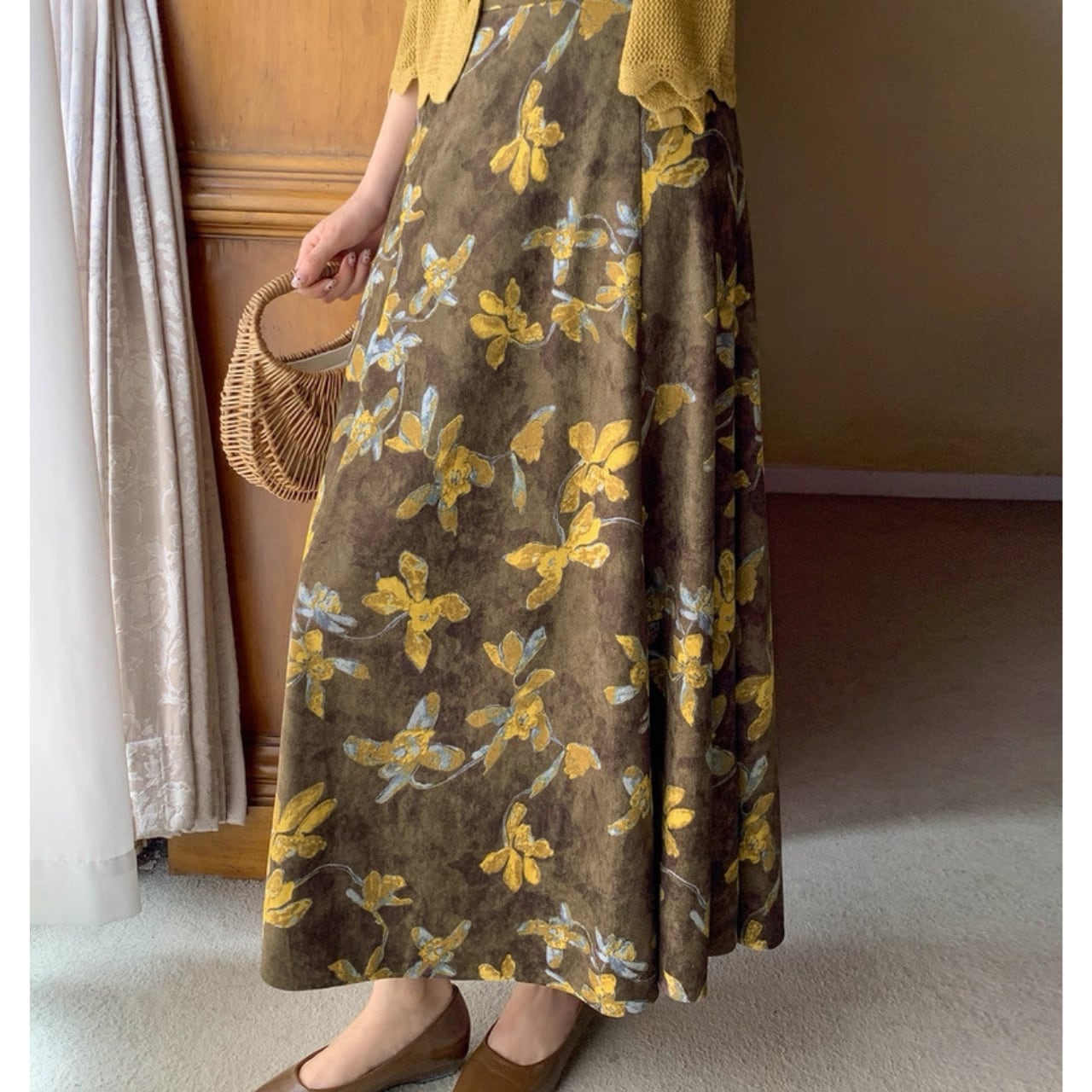 金箔フラワー Aライン ロングスカート W00135