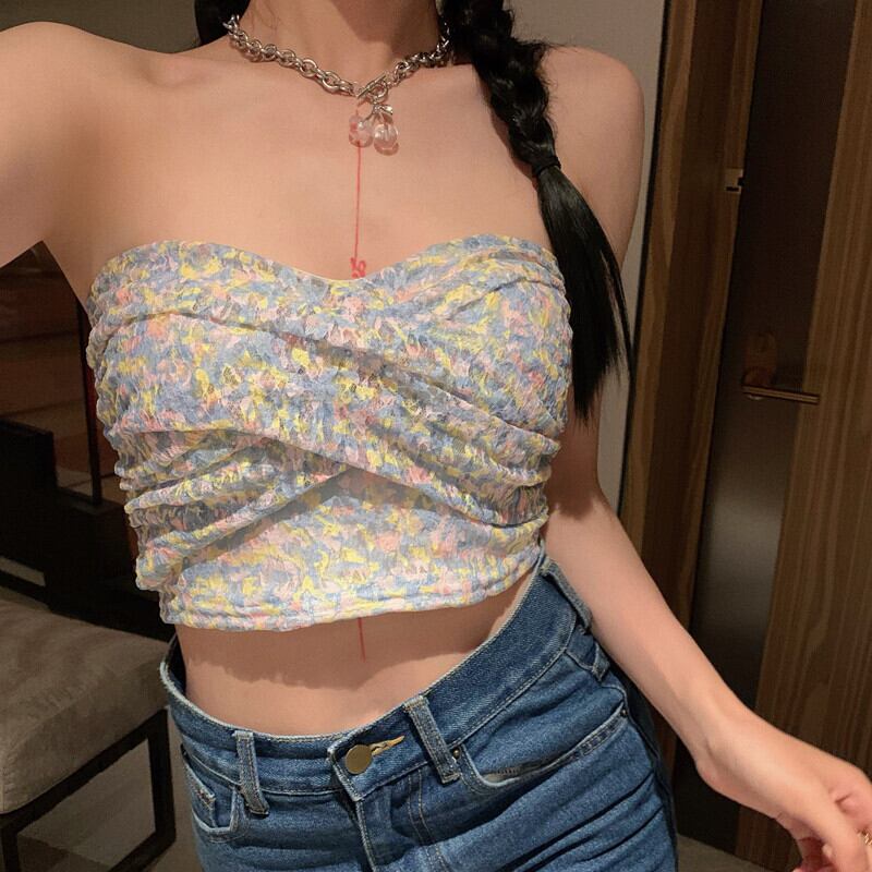 ストレッチトップス サマーショートストラップレスフローラル エラスティック 伸縮 夏物 花柄 ピュア ガールズファッション74091869825