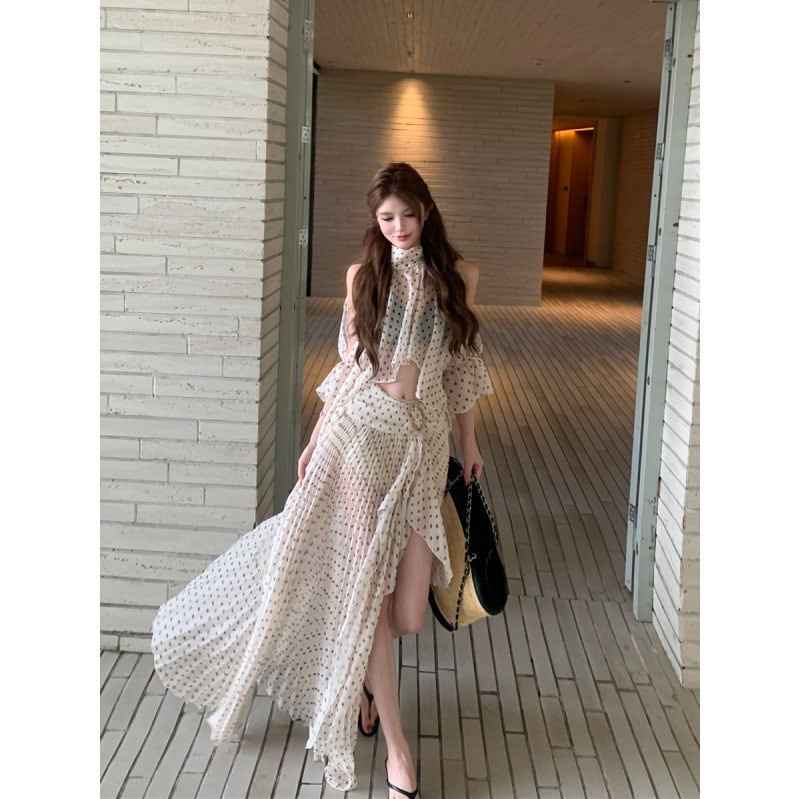 【2点】ロングドレス レディース ハイネック 水玉模様 シフォン ワイドスリーブ プリーツ オフホワイト リゾート 夏コーデDQ2-XKD-D337B-2987-Apr29
